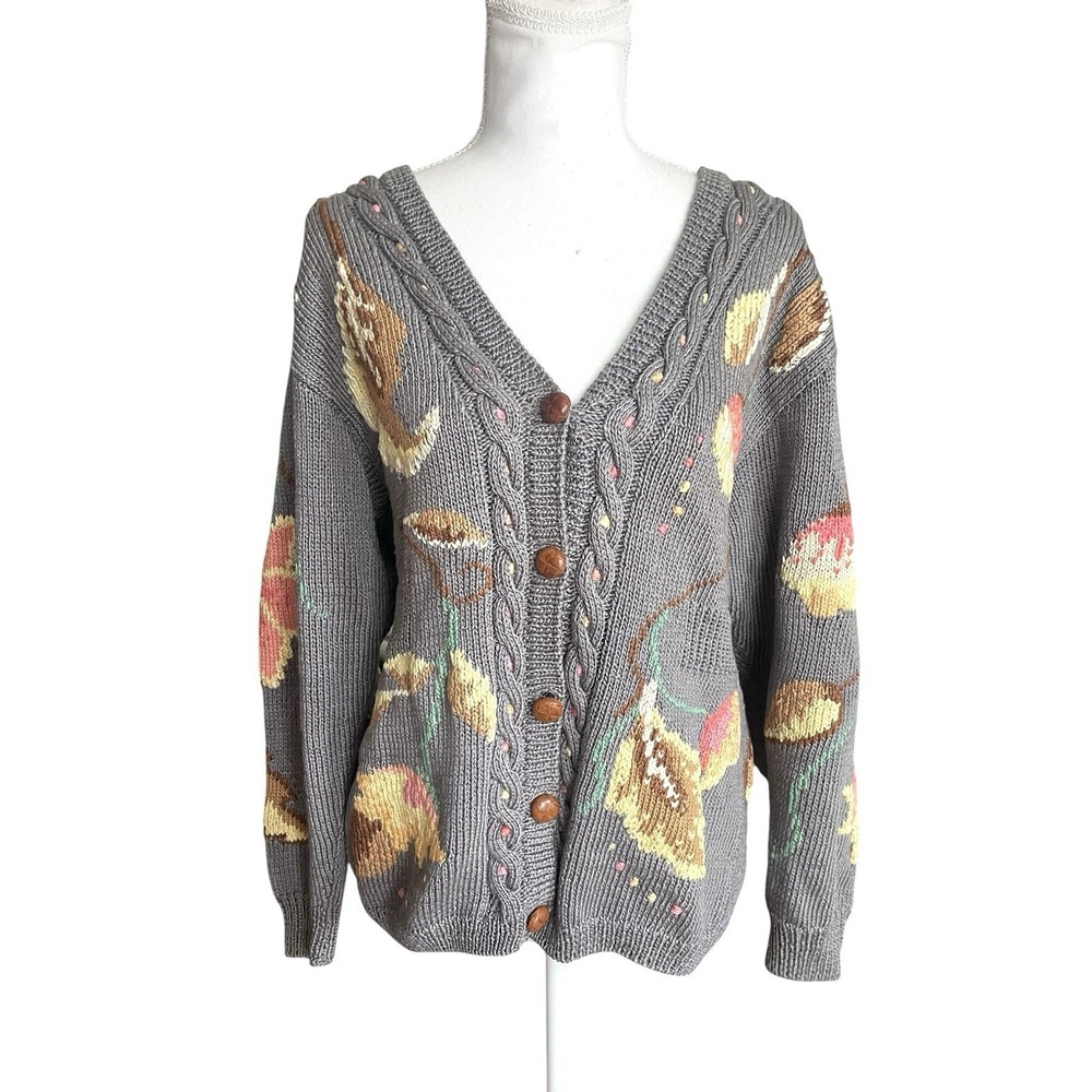 Vintage 80s Berek Floral Cardigan Sweater Hand-Knit Pima Cotton Oversized Sz S